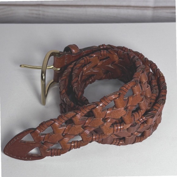 Unbranded Accessories - VTG Brown Woven Braided Leather Belt Solid Brass Buckle Boho 5696 Made in India
